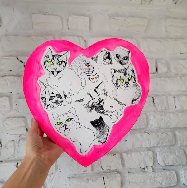 Cats - original painting, heart canvas, fluo pink