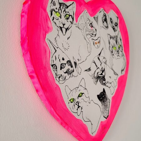 Cats - original painting, heart canvas, fluo pink - 画像 (5)