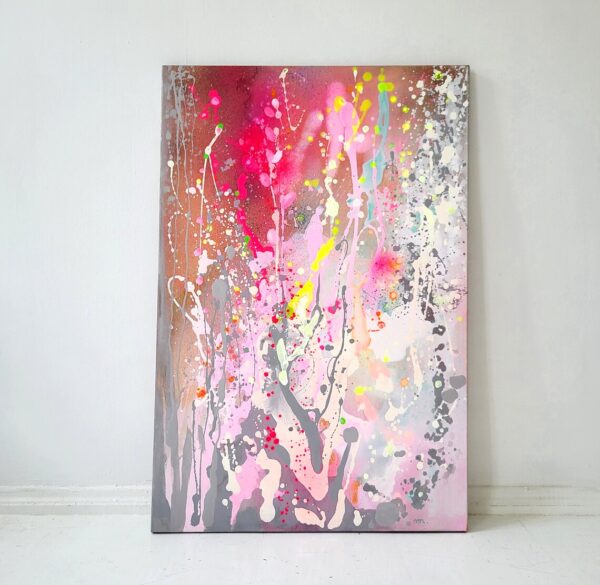 Pastel Abstract Painting on Canvas: Neon Pink, Yellow, Blue