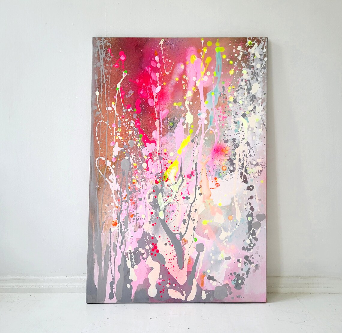 Pastel Abstract Painting on Canvas: Neon Pink, Yellow, Blue - 画像 (1)