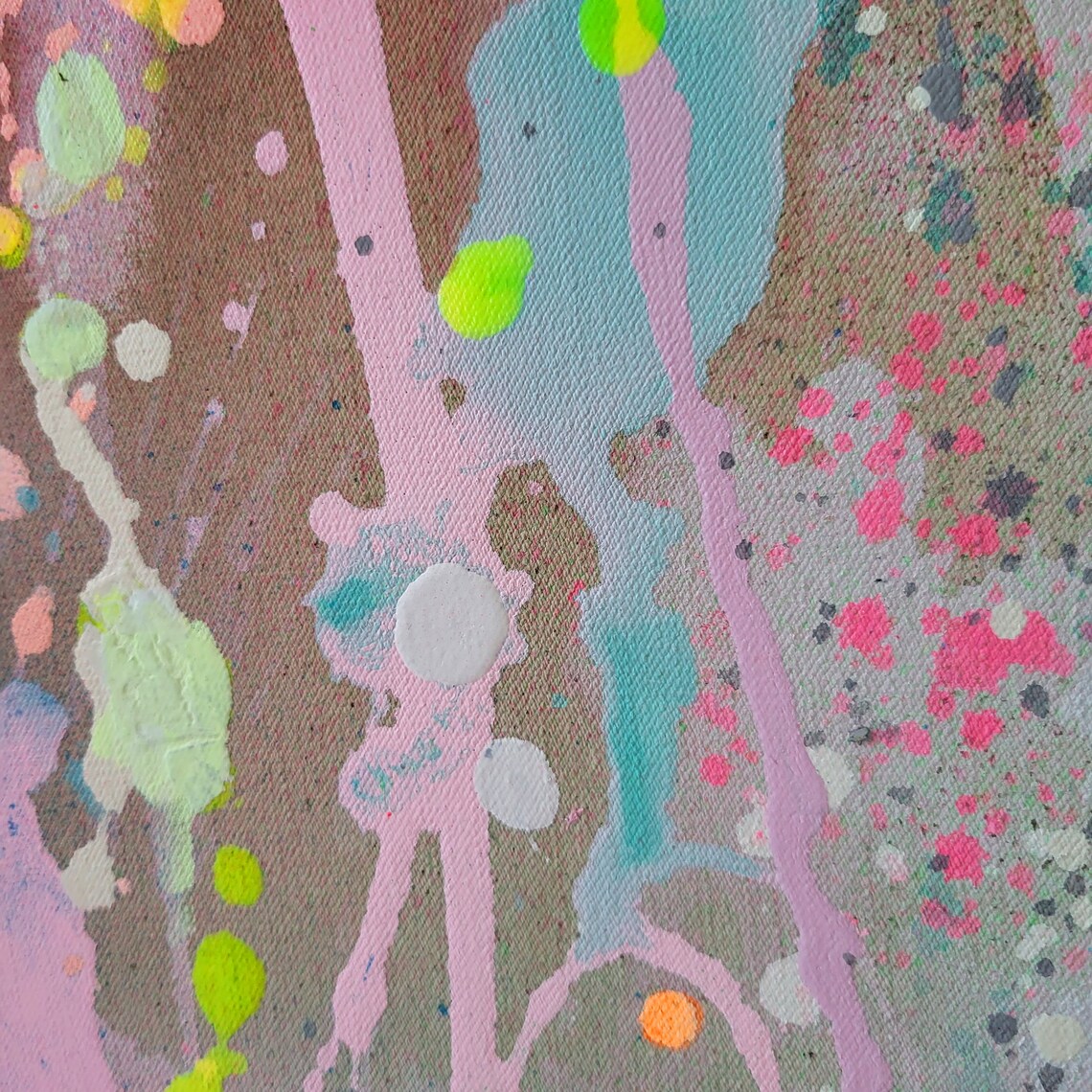 Pastel Abstract Painting on Canvas: Neon Pink, Yellow, Blue - 画像 (2)