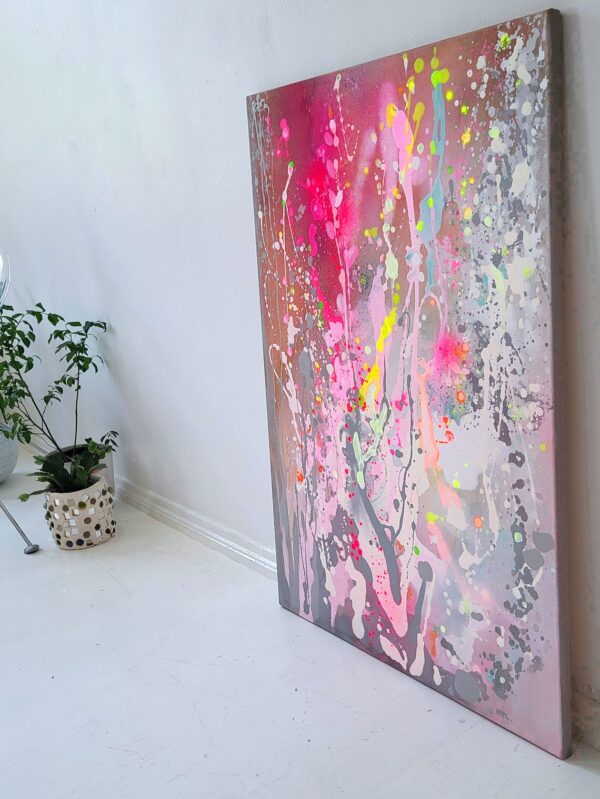 Pastel Abstract Painting on Canvas: Neon Pink, Yellow, Blue