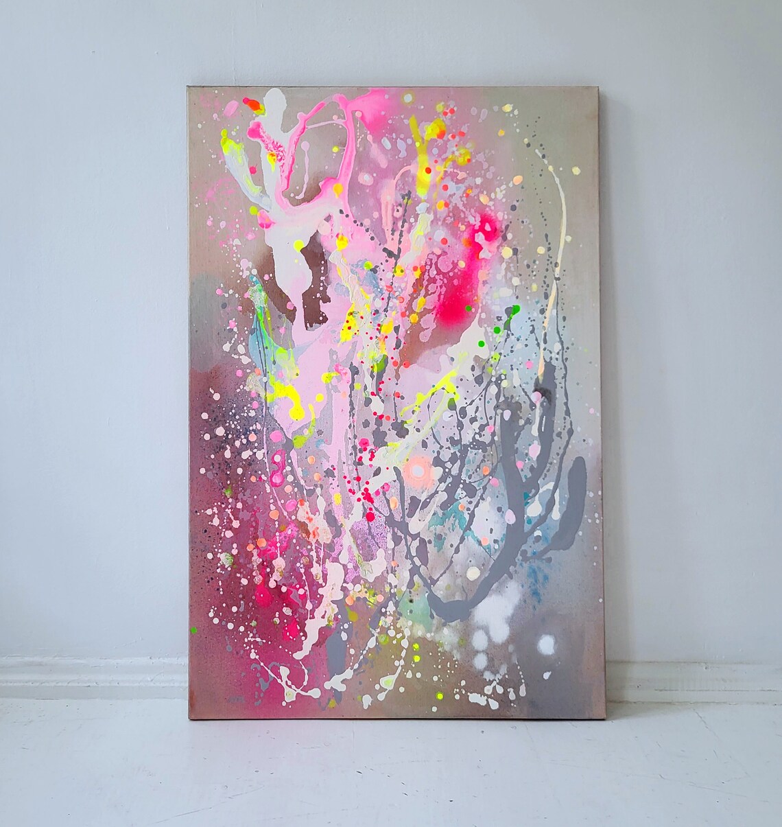 Neon Abstract Painting: Original Handmade Acrylic Canvas Art - 画像 (1)
