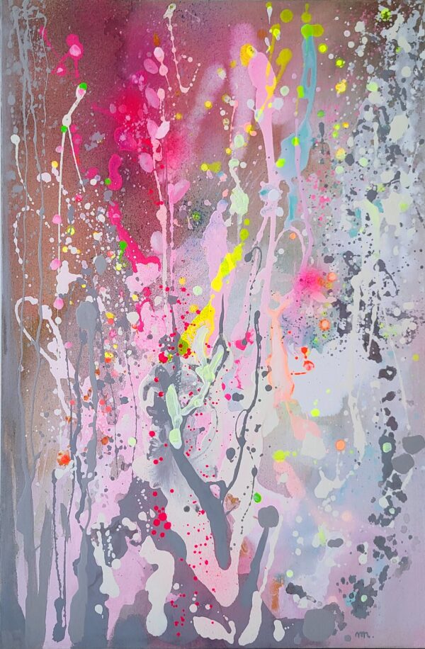 Pastel Abstract Painting on Canvas: Neon Pink, Yellow, Blue