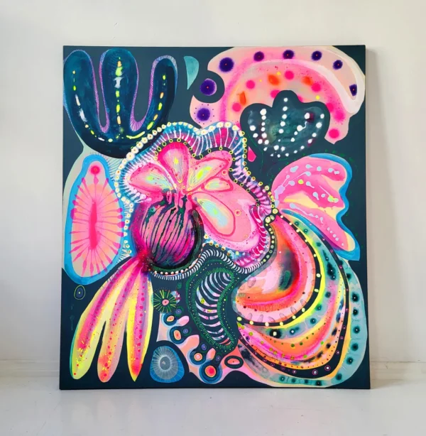 Painting on canvas large colorful original abstract flowers , bright colors, fluo pink, OOAK, Majchrzak