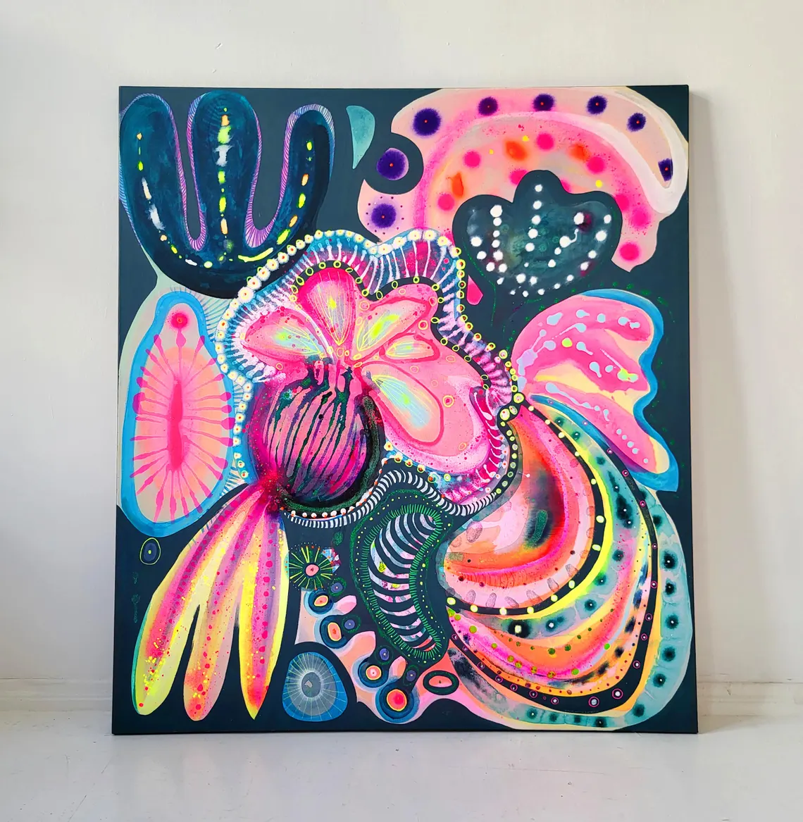 Painting on canvas large colorful original abstract flowers , bright colors, fluo pink, OOAK, Majchrzak - 画像 (1)