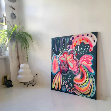 Painting on canvas large colorful original abstract flowers , bright colors, fluo pink, OOAK, Majchrzak - 画像 (3)