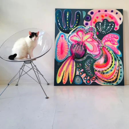 Painting on canvas large colorful original abstract flowers , bright colors, fluo pink, OOAK, Majchrzak - 画像 (2)