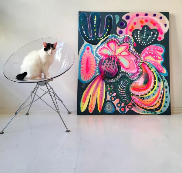 Painting on canvas large colorful original abstract flowers , bright colors, fluo pink, OOAK, Majchrzak