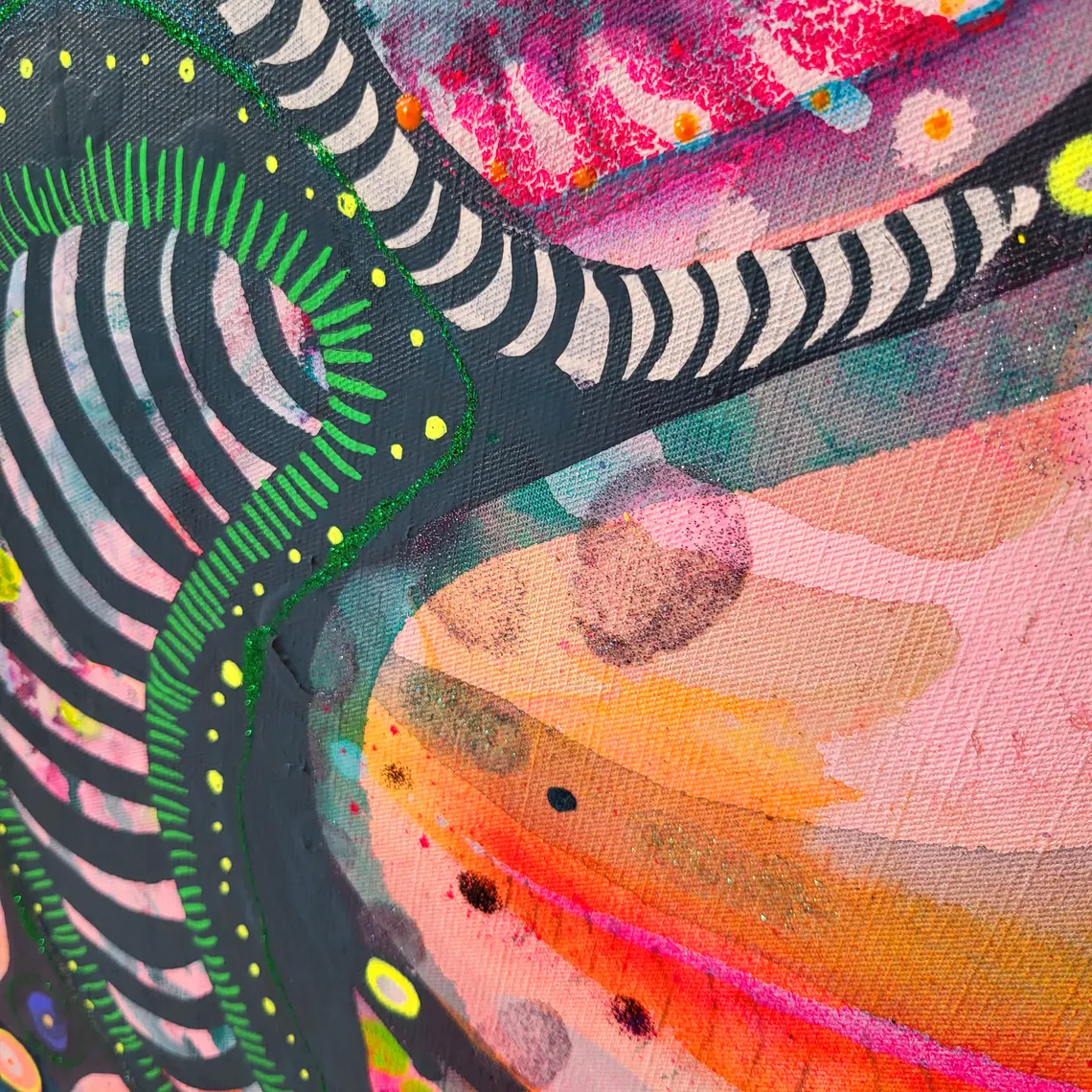 Painting on canvas large colorful original abstract flowers , bright colors, fluo pink, OOAK, Majchrzak - 画像 (9)