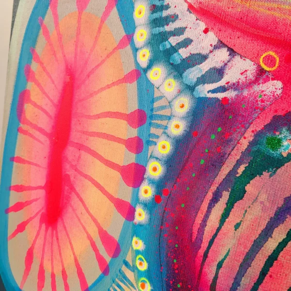 Painting on canvas large colorful original abstract flowers , bright colors, fluo pink, OOAK, Majchrzak