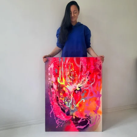 Modern colorful abstract art, fluo pink red painting on canvas - 画像 (2)