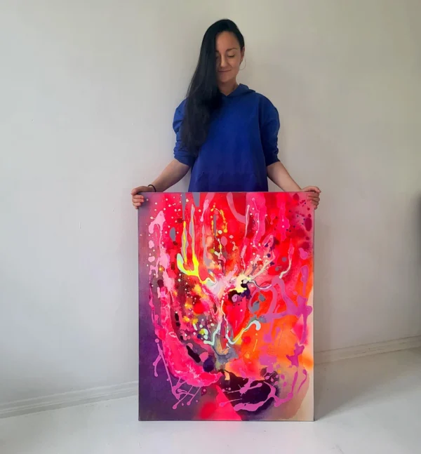 Modern colorful abstract art, fluo pink red painting on canvas