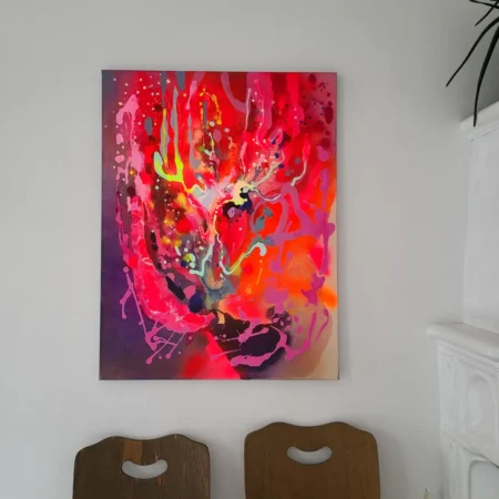 Modern colorful abstract art, fluo pink red painting on canvas