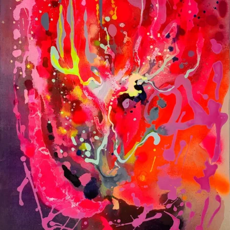 Modern colorful abstract art, fluo pink red painting on canvas - 画像 (9)