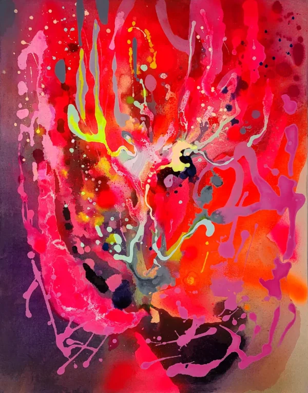 Modern colorful abstract art, fluo pink red painting on canvas