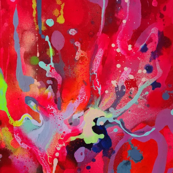 Modern colorful abstract art, fluo pink red painting on canvas