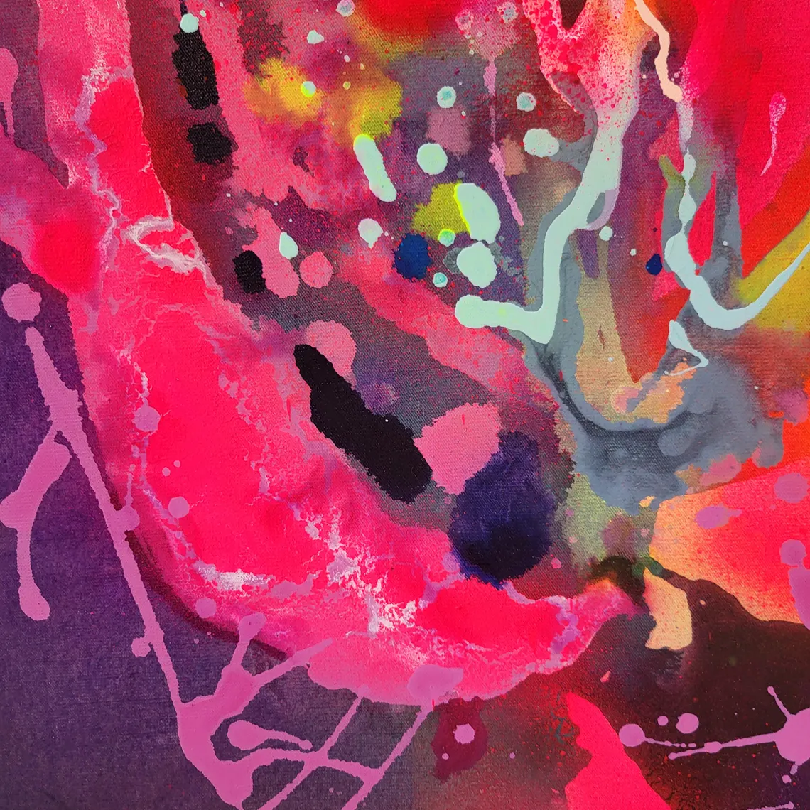 Modern colorful abstract art, fluo pink red painting on canvas - 画像 (5)