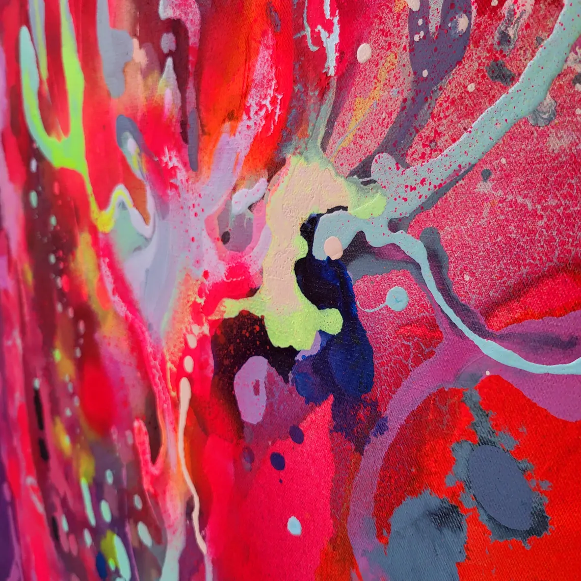 Modern colorful abstract art, fluo pink red painting on canvas - 画像 (7)