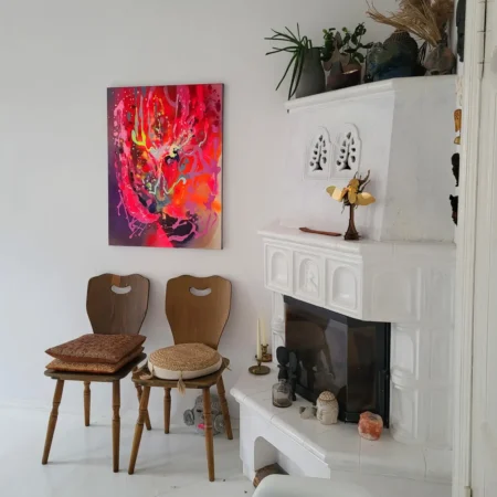 Modern colorful abstract art, fluo pink red painting on canvas - 画像 (3)