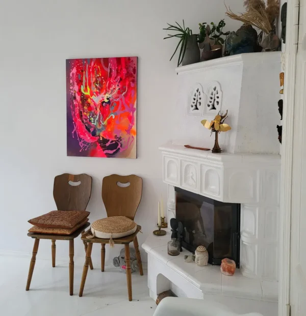 Modern colorful abstract art, fluo pink red painting on canvas