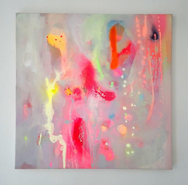 Painting on canvas abstract modern art fluo orange yellow