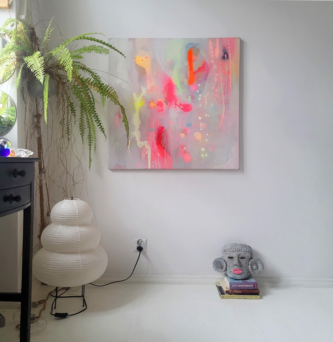 Painting on canvas abstract modern art fluo orange yellow - 画像 (2)