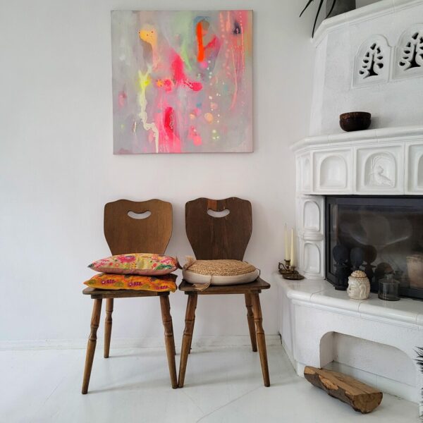 Painting on canvas abstract modern art fluo orange yellow