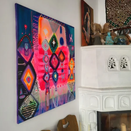 Folk abstract art, colorful painting on canvas Moroccan design - 画像 (2)