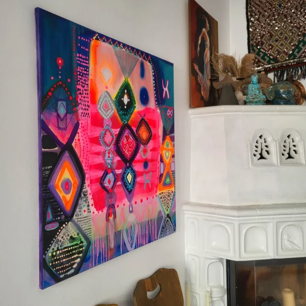Folk abstract art, colorful painting on canvas Moroccan design