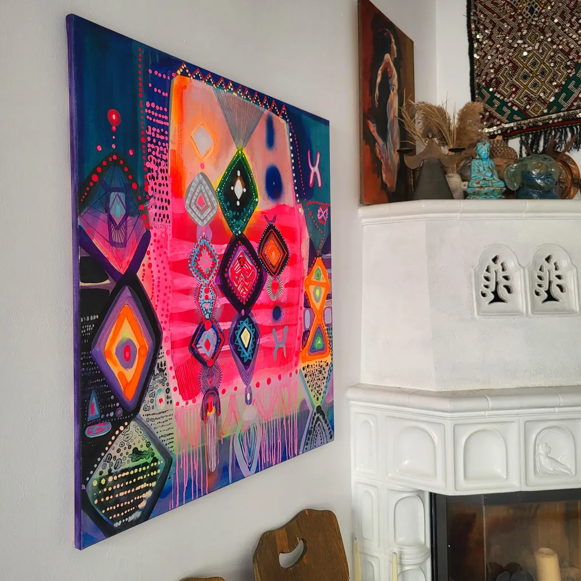 Folk abstract art, colorful painting on canvas Moroccan design - 画像 (2)