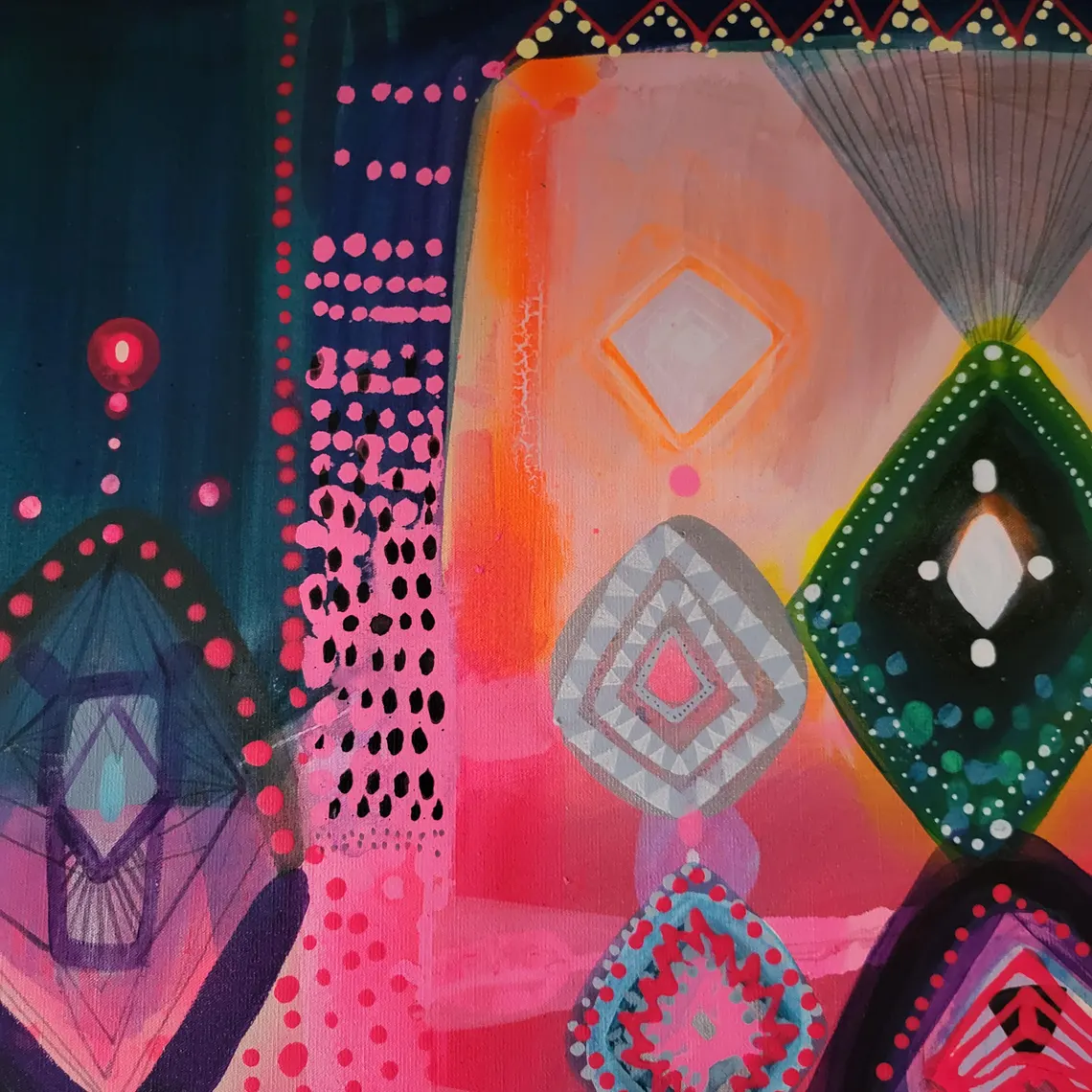 Folk abstract art, colorful painting on canvas Moroccan design - 画像 (6)