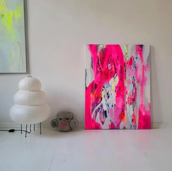 Modern colorful abstract art, fluo pink painting on canvas