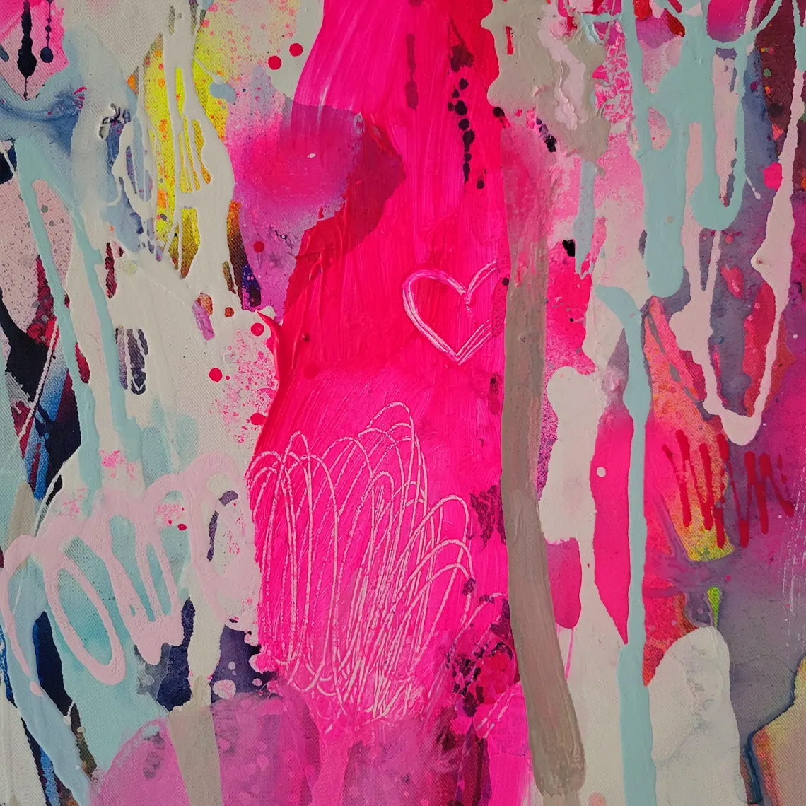 Modern colorful abstract art, fluo pink painting on canvas - 画像 (3)