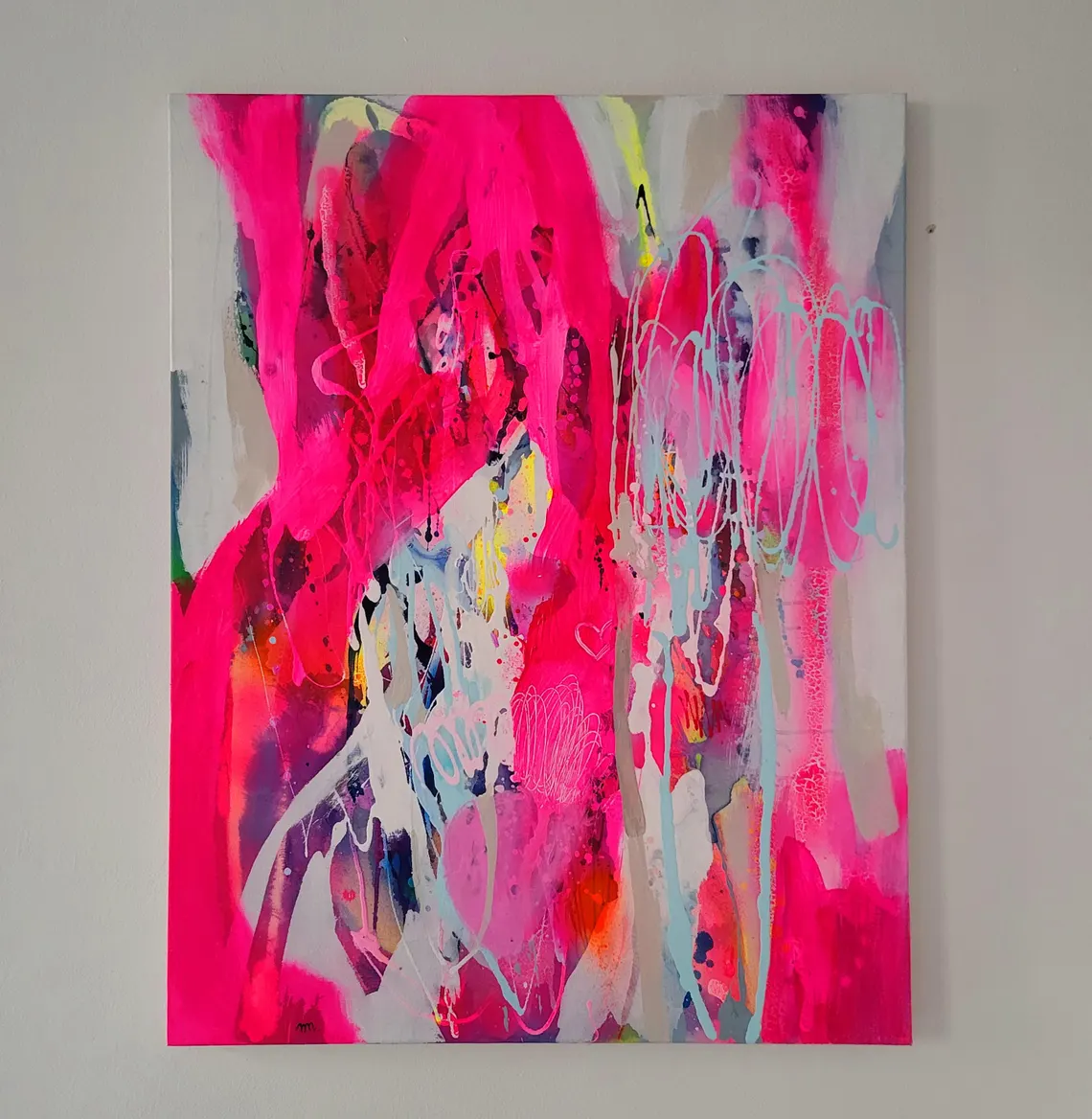 Modern colorful abstract art, fluo pink painting on canvas - 画像 (1)
