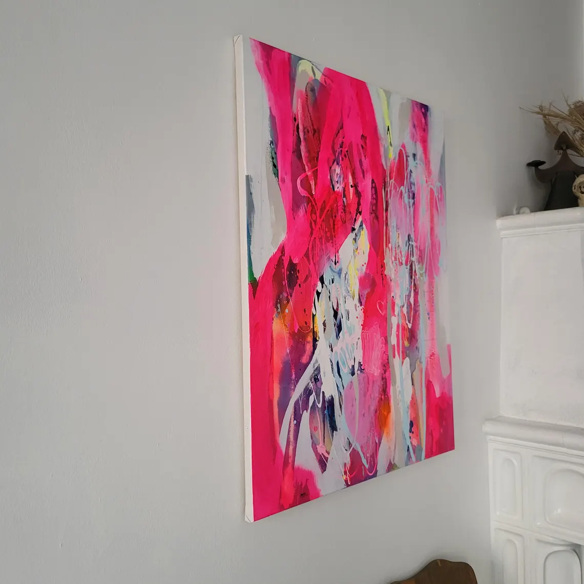 Modern colorful abstract art, fluo pink painting on canvas - 画像 (9)