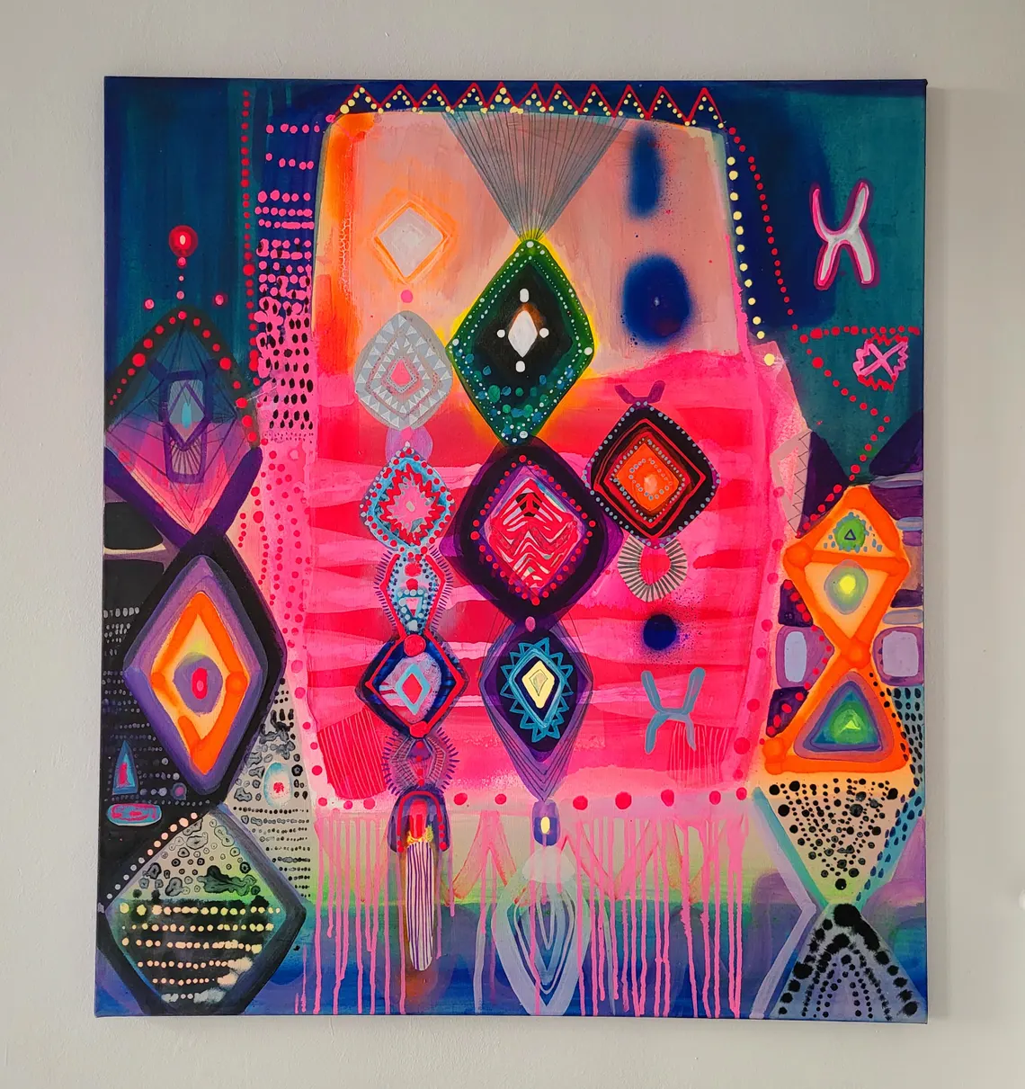 Folk abstract art, colorful painting on canvas Moroccan design - 画像 (1)