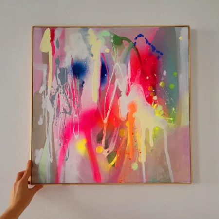 Fluorescent Abstract Painting on Canvas: Framed Modern Art