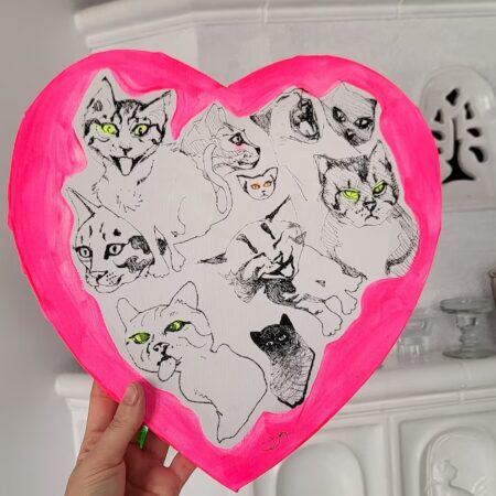 ハート型のアクリル原画 猫の絵画の全体イメージアップ