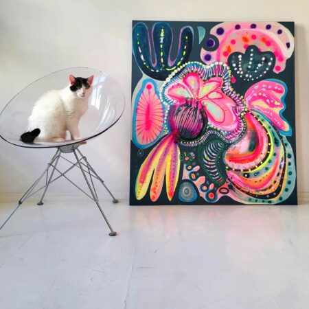 大型アクリル原画 抽象画 花の床置きインテリアイメージ