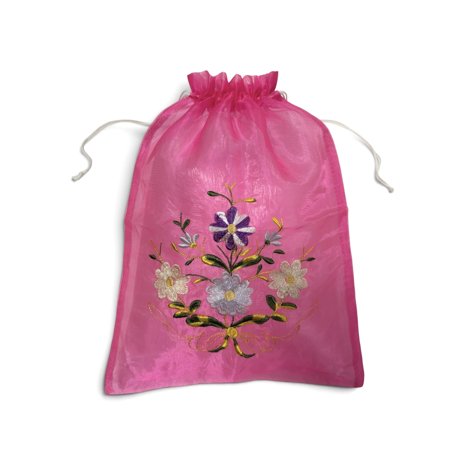 ベトナム刺繍 オーガンジー巾着 明るいピンク